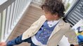 Load image into Gallery viewer, little boy with natural linen sportscoat, blue chambray double breasted waistcoat with wood buttons, white linen button down shirt with poet collar and blue chambray drawstring pants