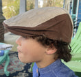 Load image into Gallery viewer, side view of the brown corduroy and cream sweater knit newsboy cap