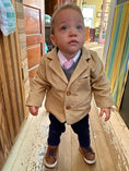 Load image into Gallery viewer, Toddler standing with tan corduroy sports coat button up with wood buttons
