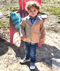 Load image into Gallery viewer, little boy outside with tan corduroy sportscoat with welt pocket on top left and on both right and left bottom pocket
